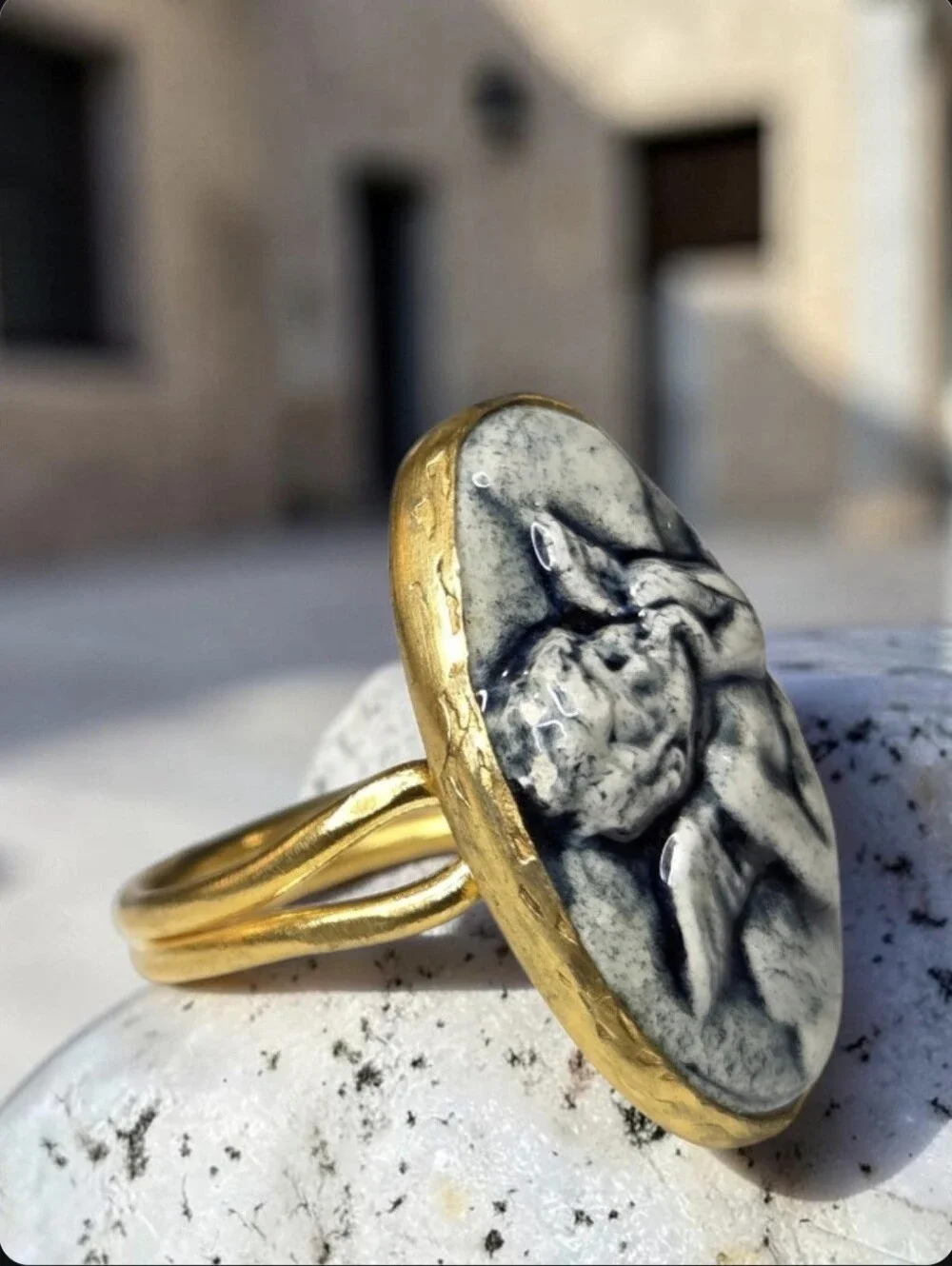 18k Gold Plated Artisan High Relief Porcelain Cherub Ring